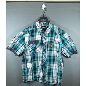 EIGHT 732 Men's 3XL Charcoal Teal & Gray Plaid Button Front Short Sleeve Shirt